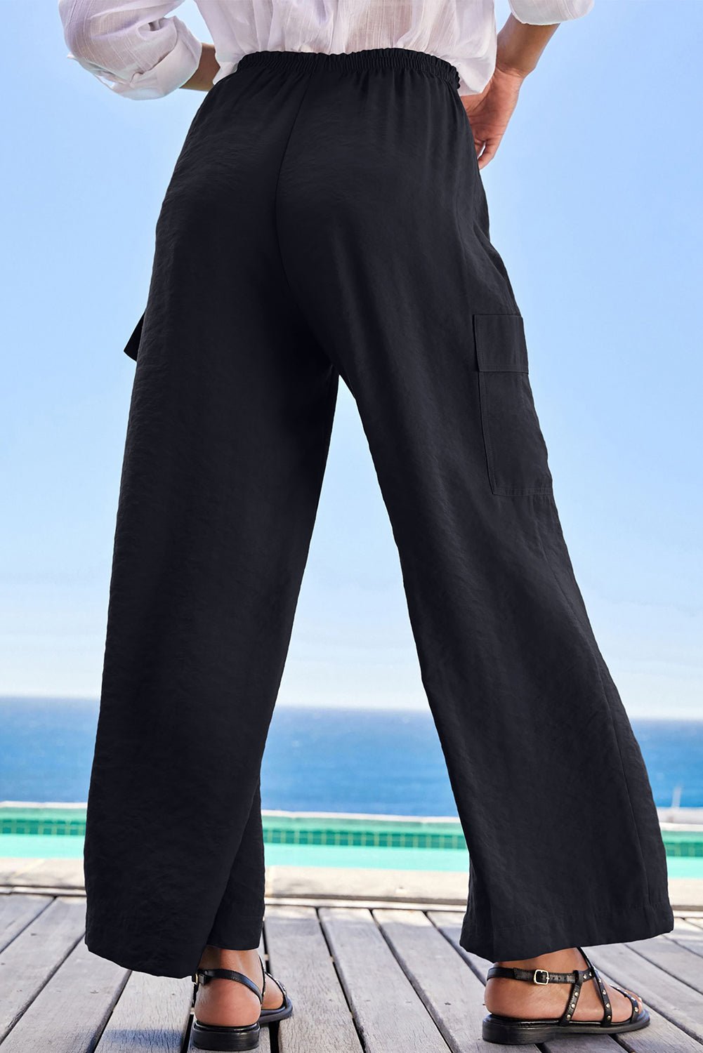 Black Drawstring Waist Wide Leg Utility Trousers