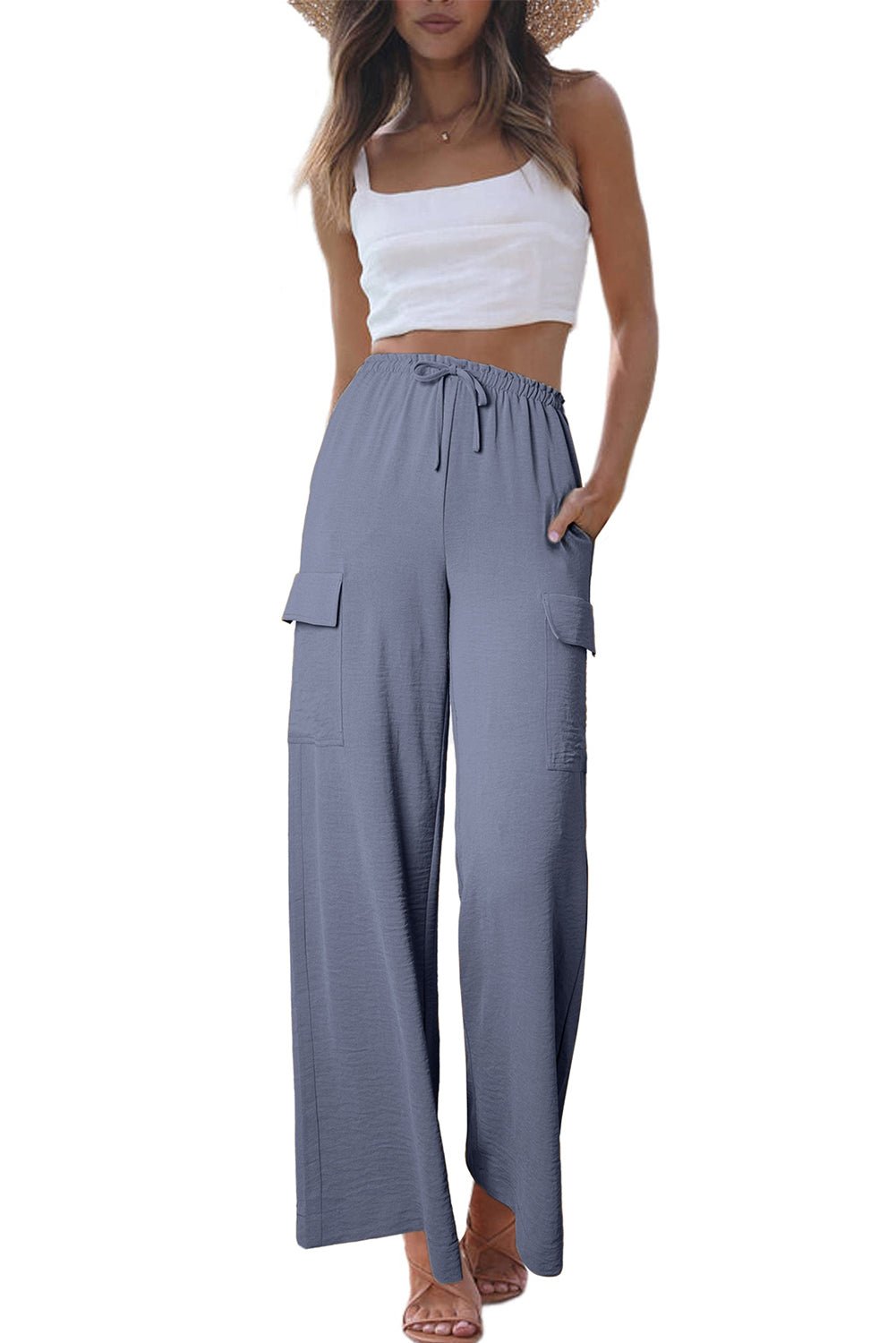 Black Drawstring Waist Wide Leg Utility Trousers