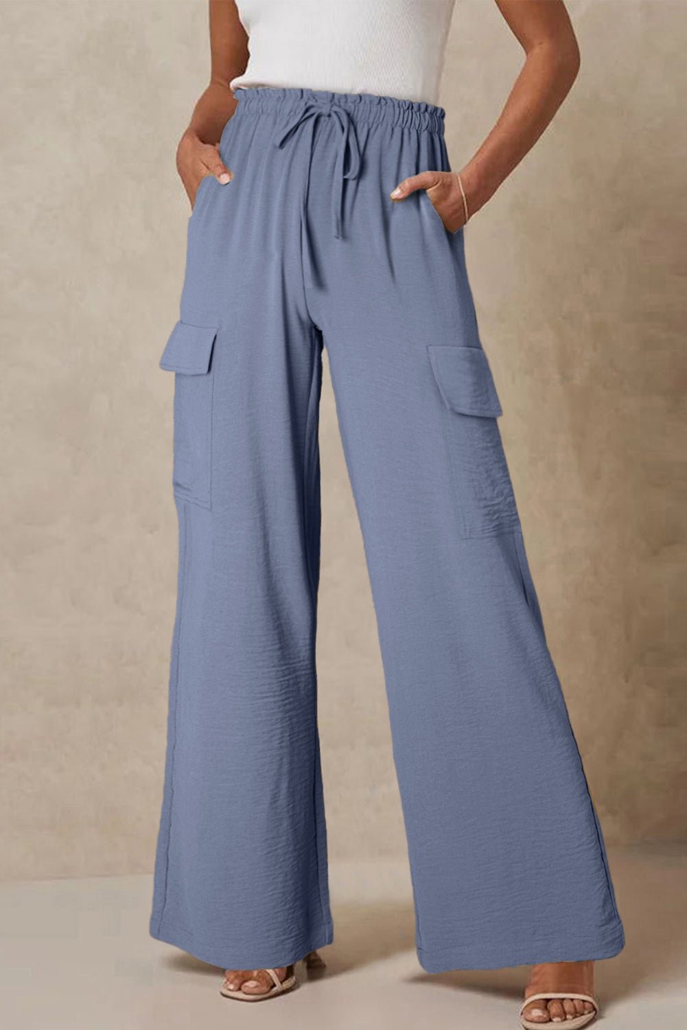 Black Drawstring Waist Wide Leg Utility Trousers