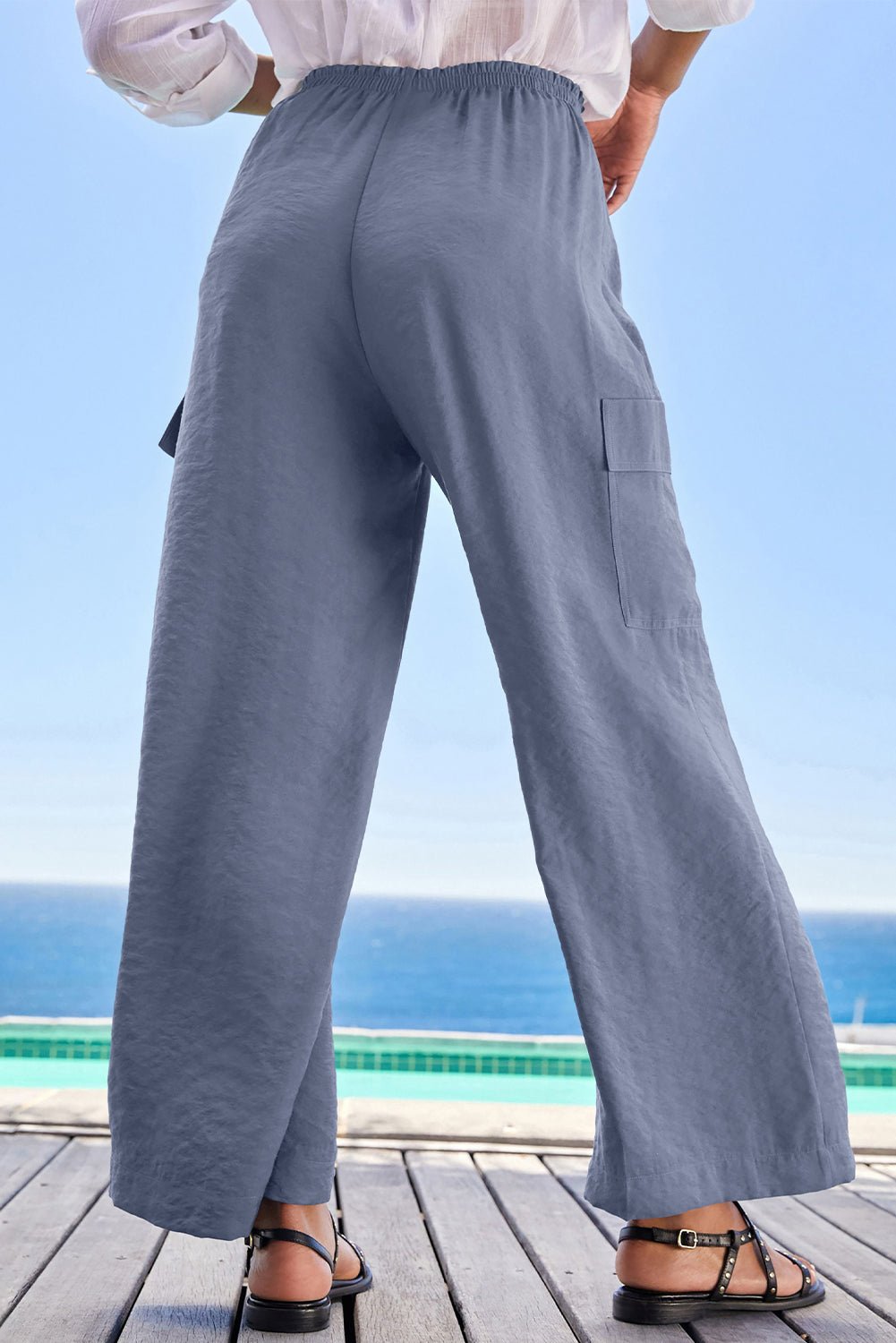 Black Drawstring Waist Wide Leg Utility Trousers
