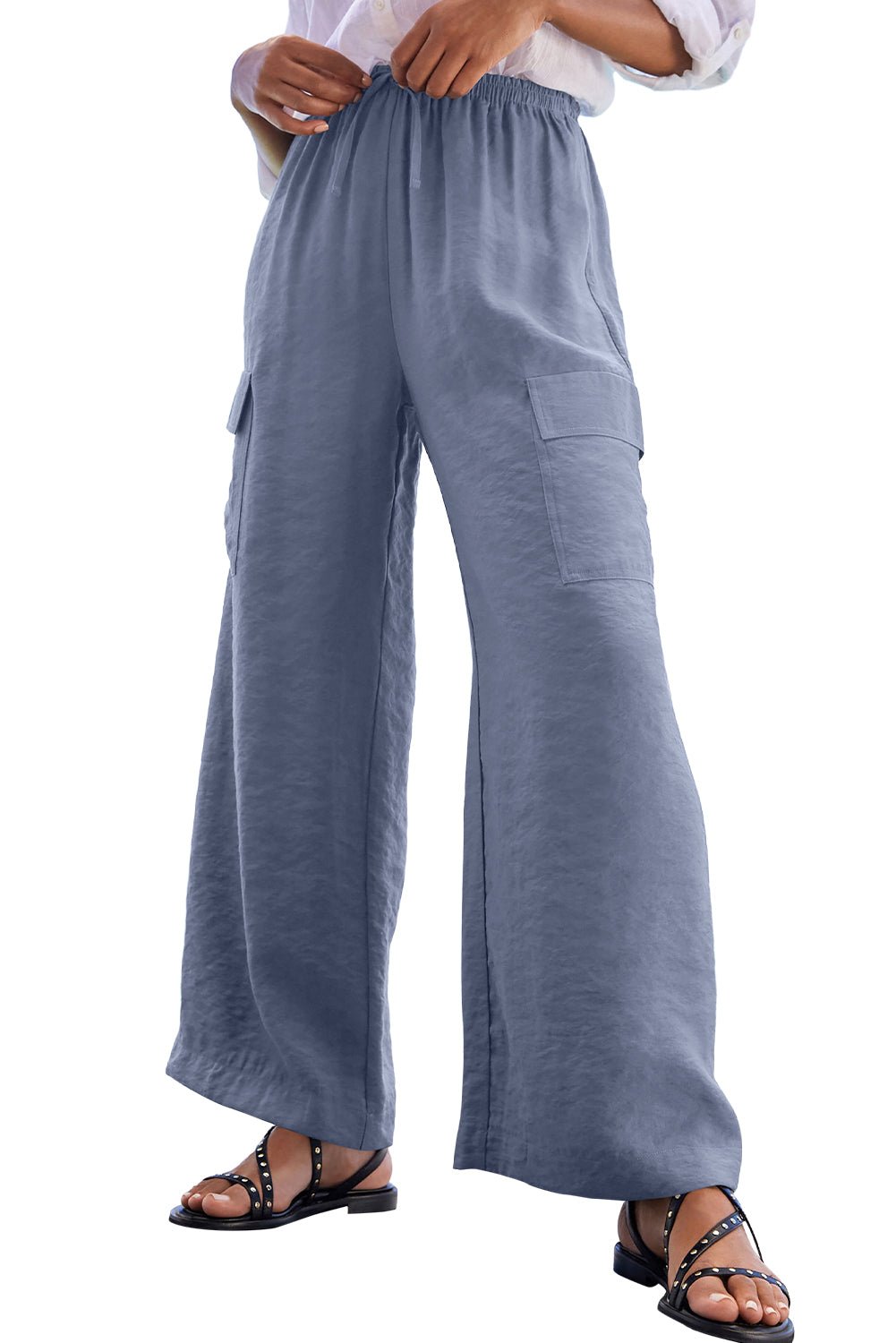 Black Drawstring Waist Wide Leg Utility Trousers