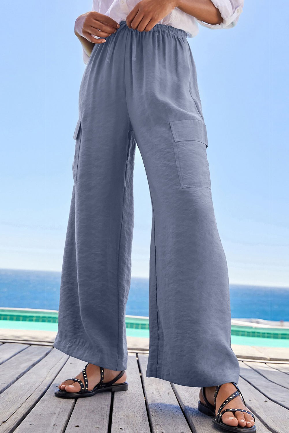 Black Drawstring Waist Wide Leg Utility Trousers