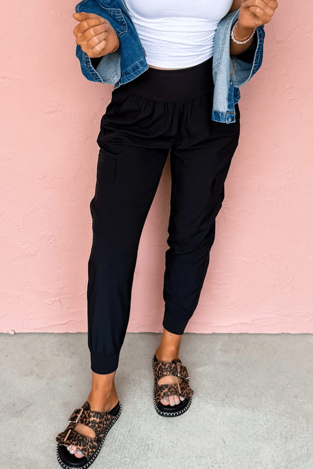 Black Elastic High Waist Pocketed Cargo Jogger Pants