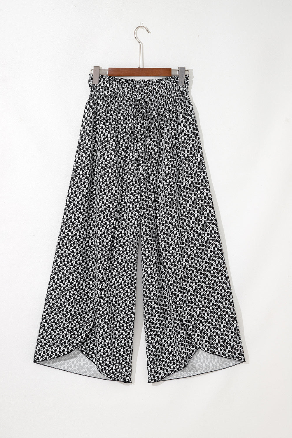 Black Floral Shirred Side Slit Wide Leg Pants