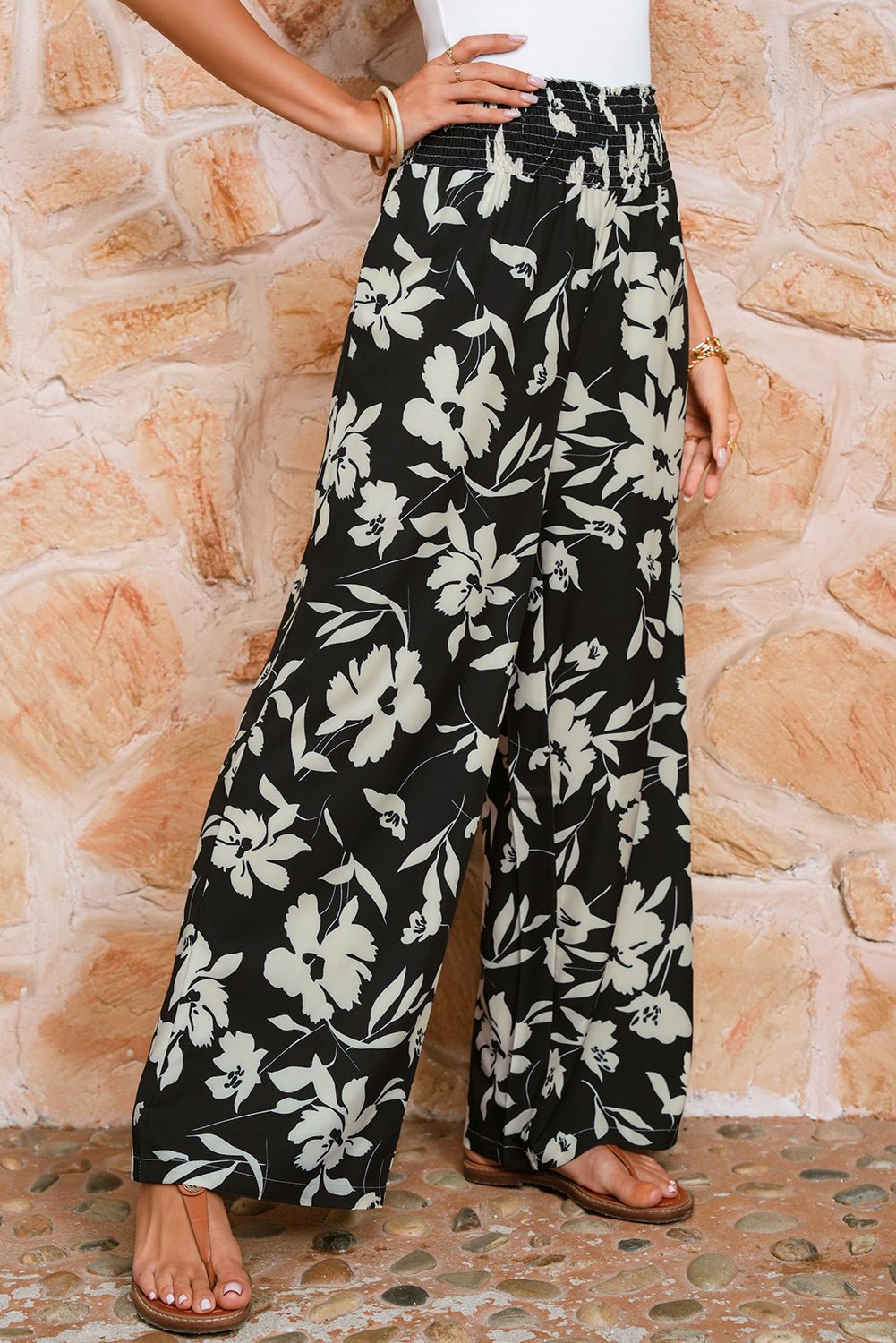 Black Floral Smocked Frill Waist Wide Leg Pants