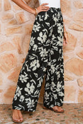 Black Floral Smocked Frill Waist Wide Leg Pants