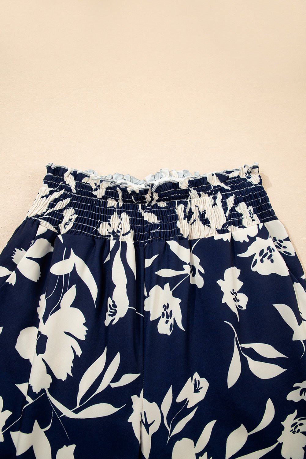 Black Floral Smocked Frill Waist Wide Leg Pants