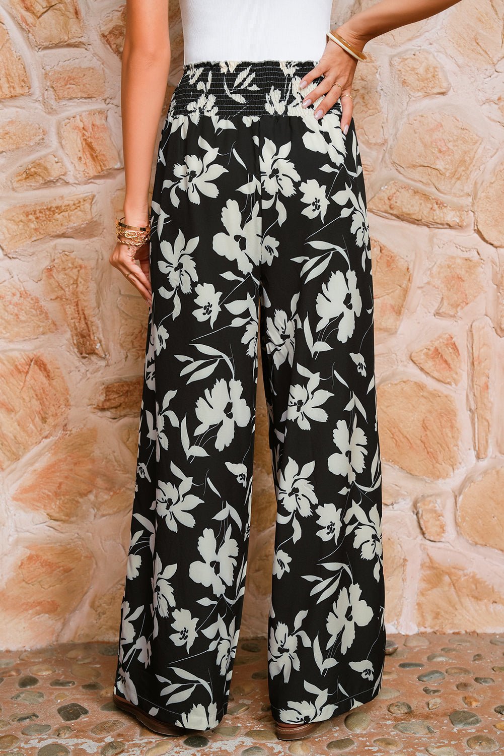 Black Floral Smocked Frill Waist Wide Leg Pants