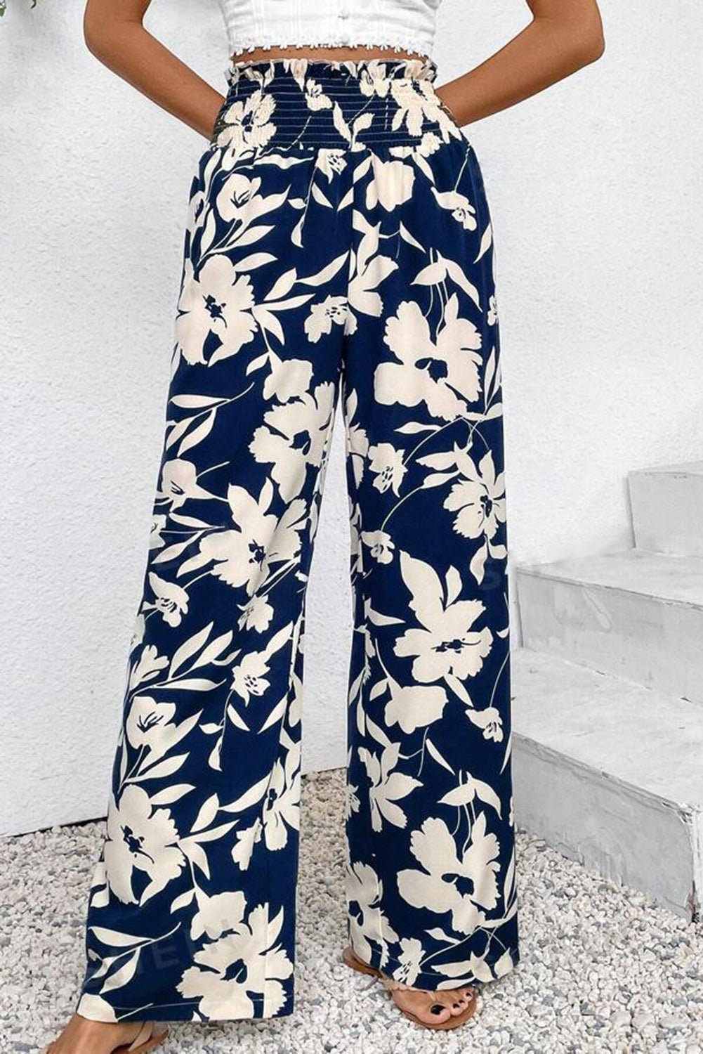 Black Floral Smocked Frill Waist Wide Leg Pants