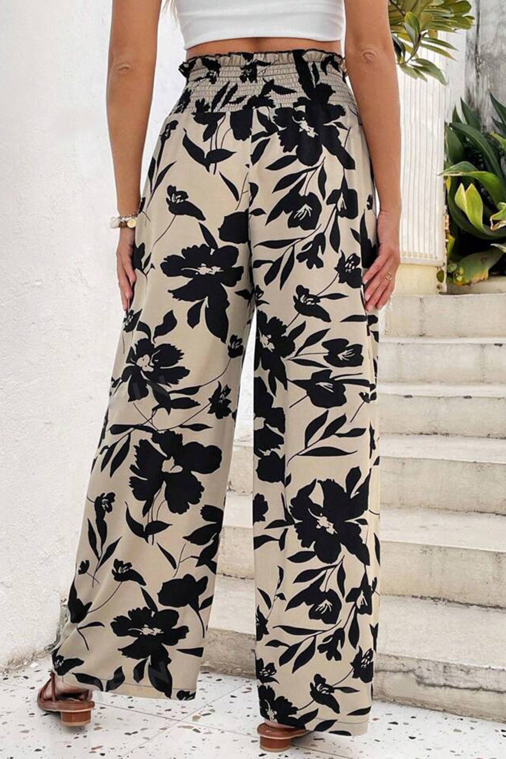 Black Floral Smocked Frill Waist Wide Leg Pants