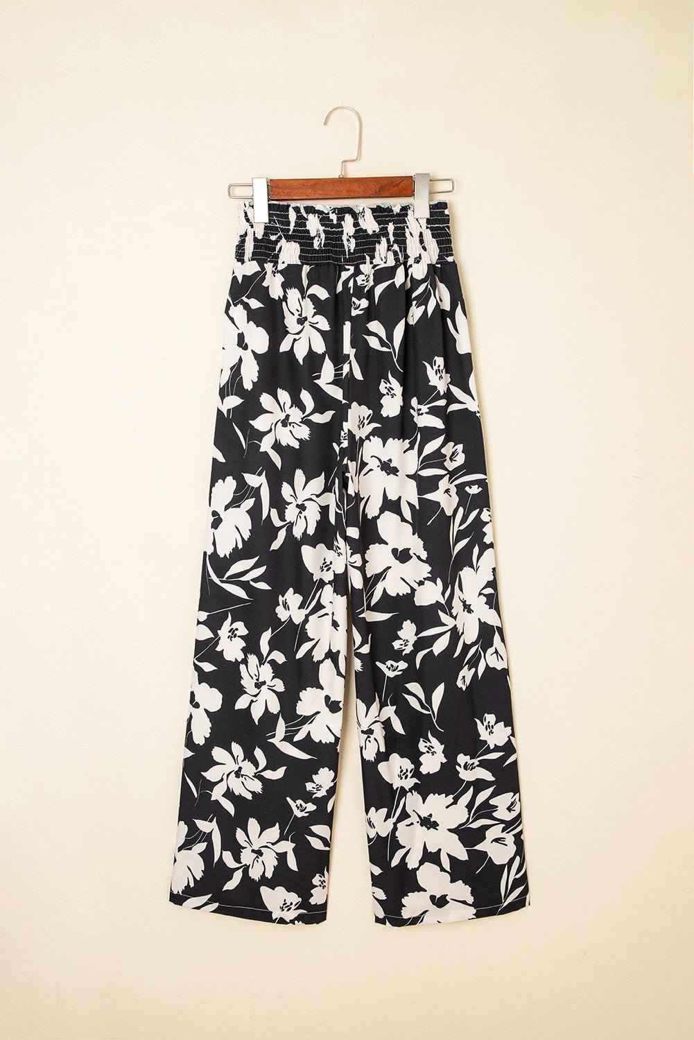 Black Floral Smocked Frill Waist Wide Leg Pants