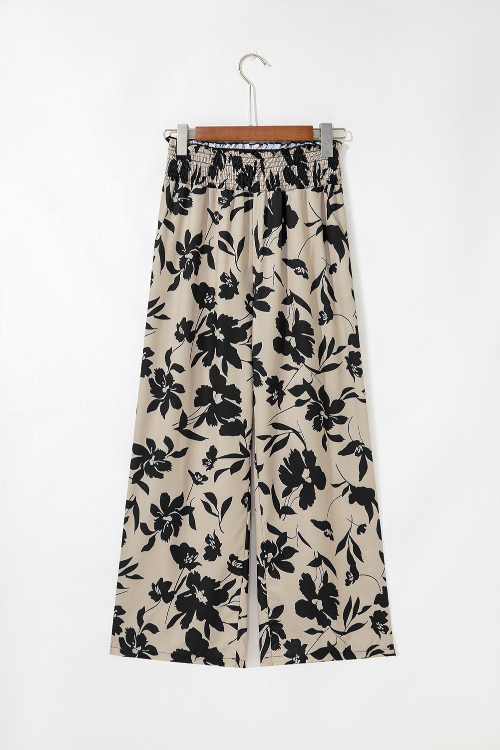 Black Floral Smocked Frill Waist Wide Leg Pants