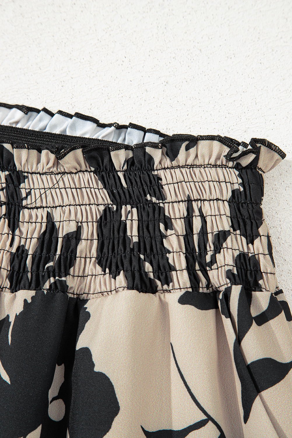 Black Floral Smocked Frill Waist Wide Leg Pants