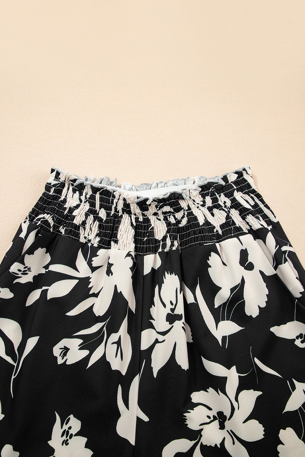 Black Floral Smocked Frill Waist Wide Leg Pants