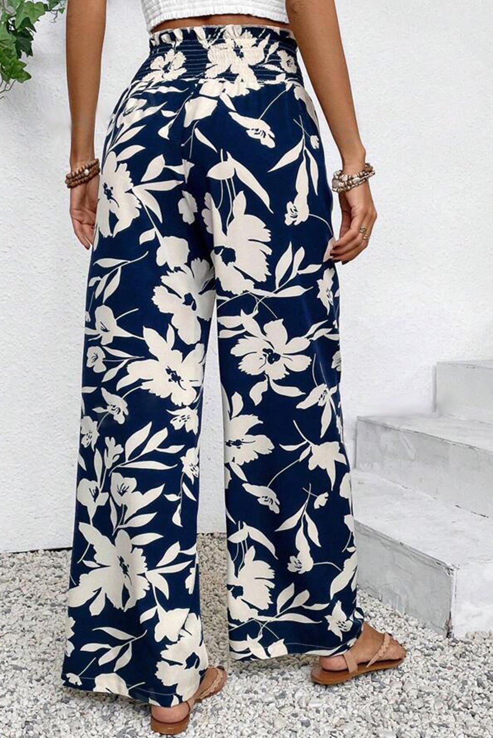 Black Floral Smocked Frill Waist Wide Leg Pants