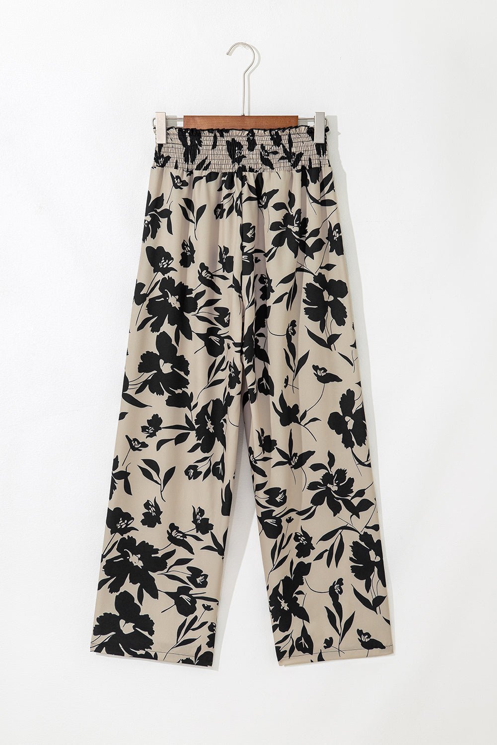 Black Floral Smocked Frill Waist Wide Leg Pants