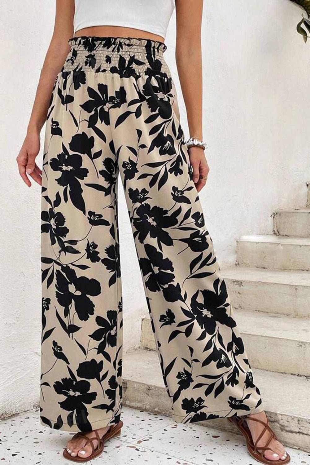 Black Floral Smocked Frill Waist Wide Leg Pants