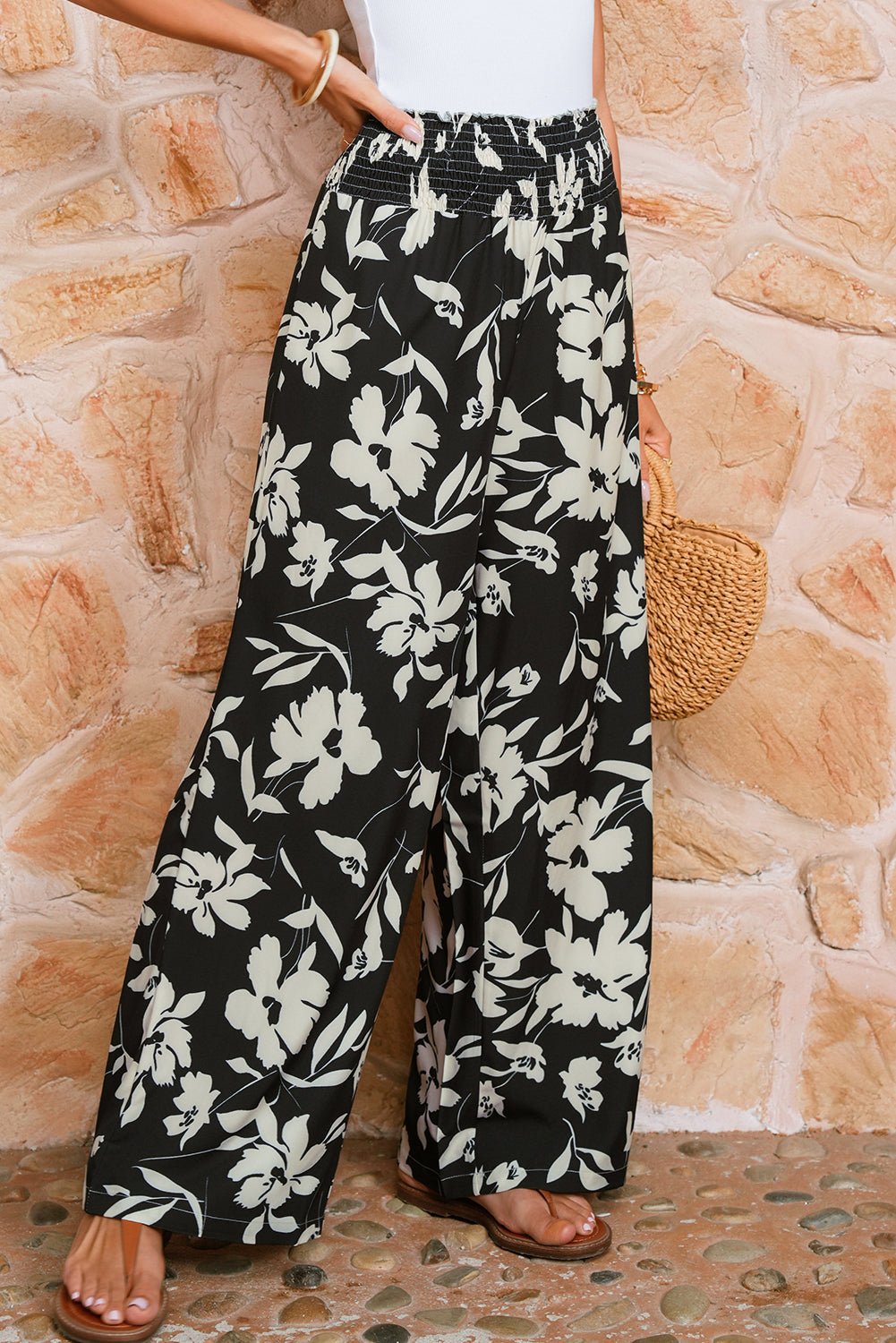 Black Floral Smocked Frill Waist Wide Leg Pants