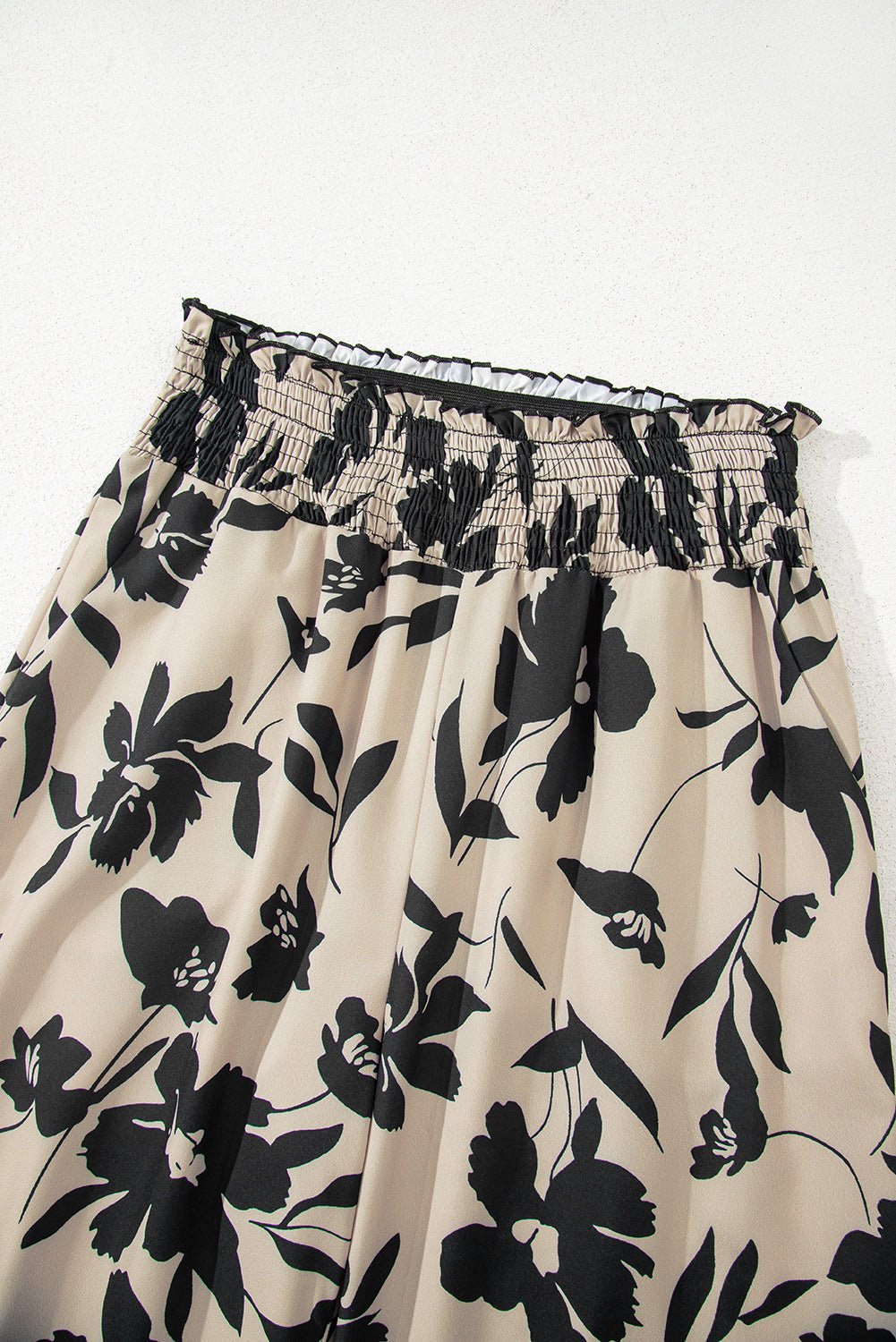 Black Floral Smocked Frill Waist Wide Leg Pants