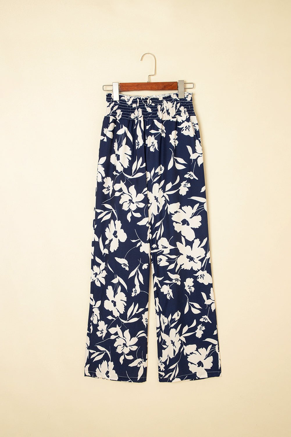 Black Floral Smocked Frill Waist Wide Leg Pants