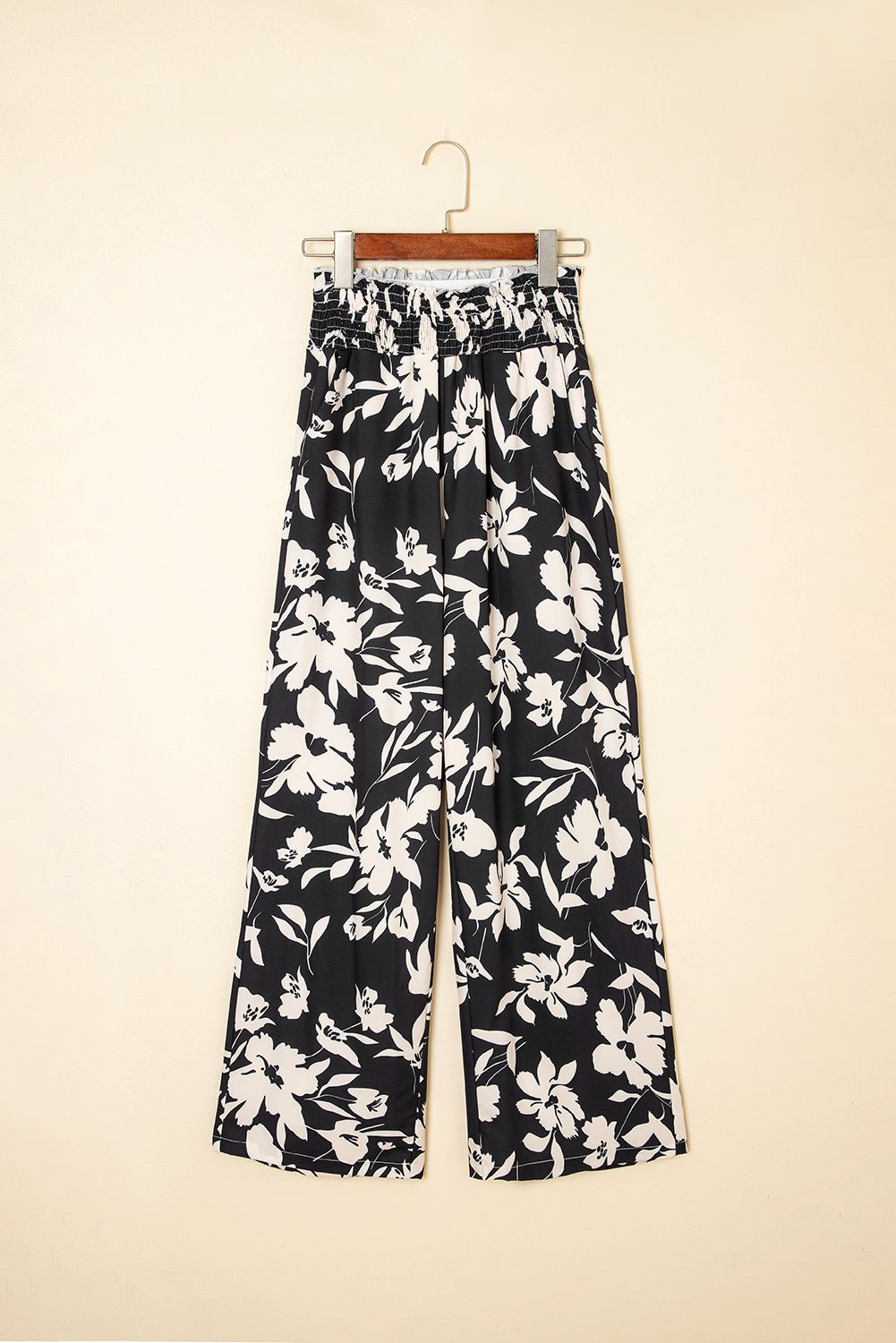 Black Floral Smocked Frill Waist Wide Leg Pants