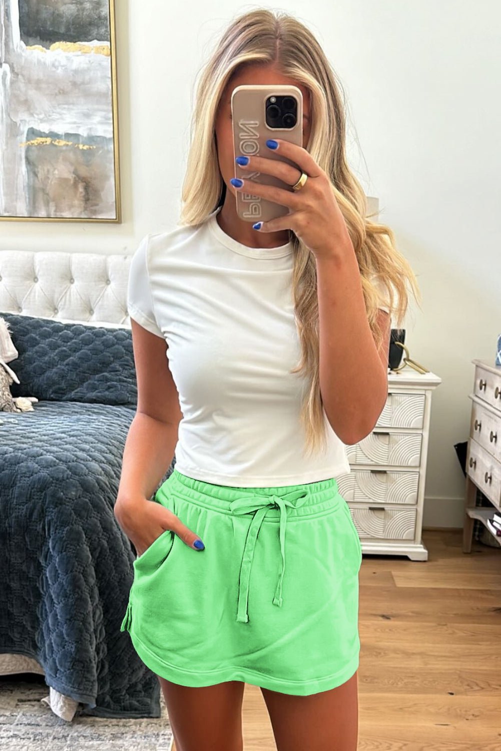 Black French Terry Drawstring Mini Skort with Pockets