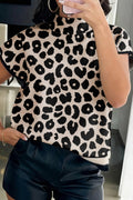 Black Leopard Print High Neck Short Sleeve Sweater