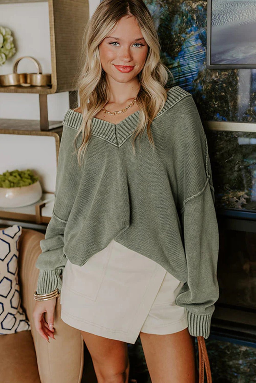 Black Mineral Wash V Neck Knit Exposed Seam Drop Shoulder Loose Sweater