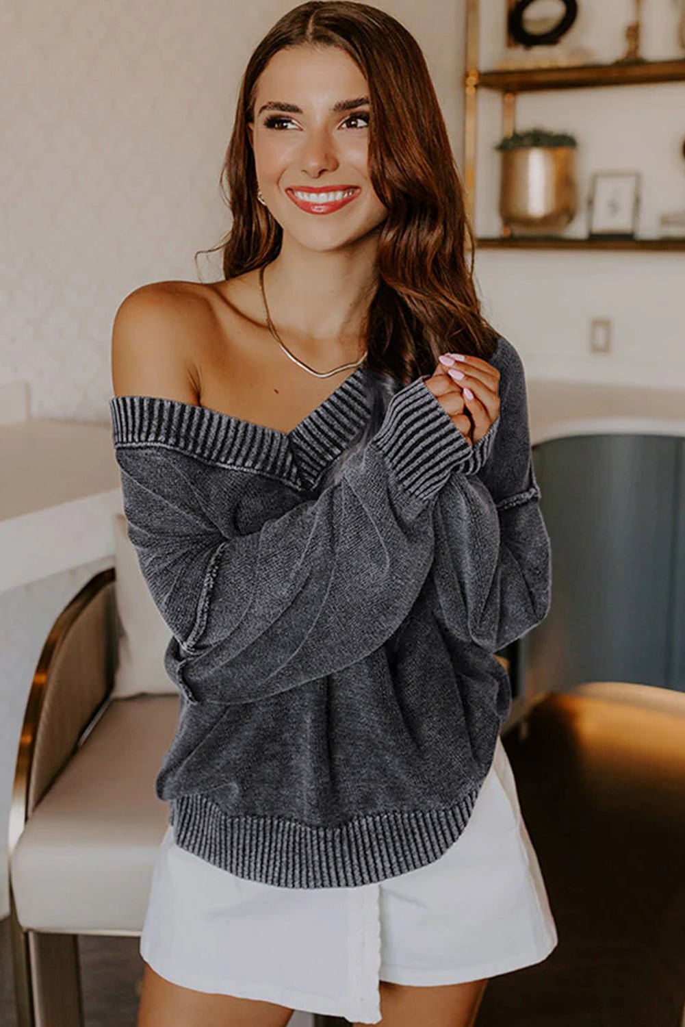 Black Mineral Wash V Neck Knit Exposed Seam Drop Shoulder Loose Sweater
