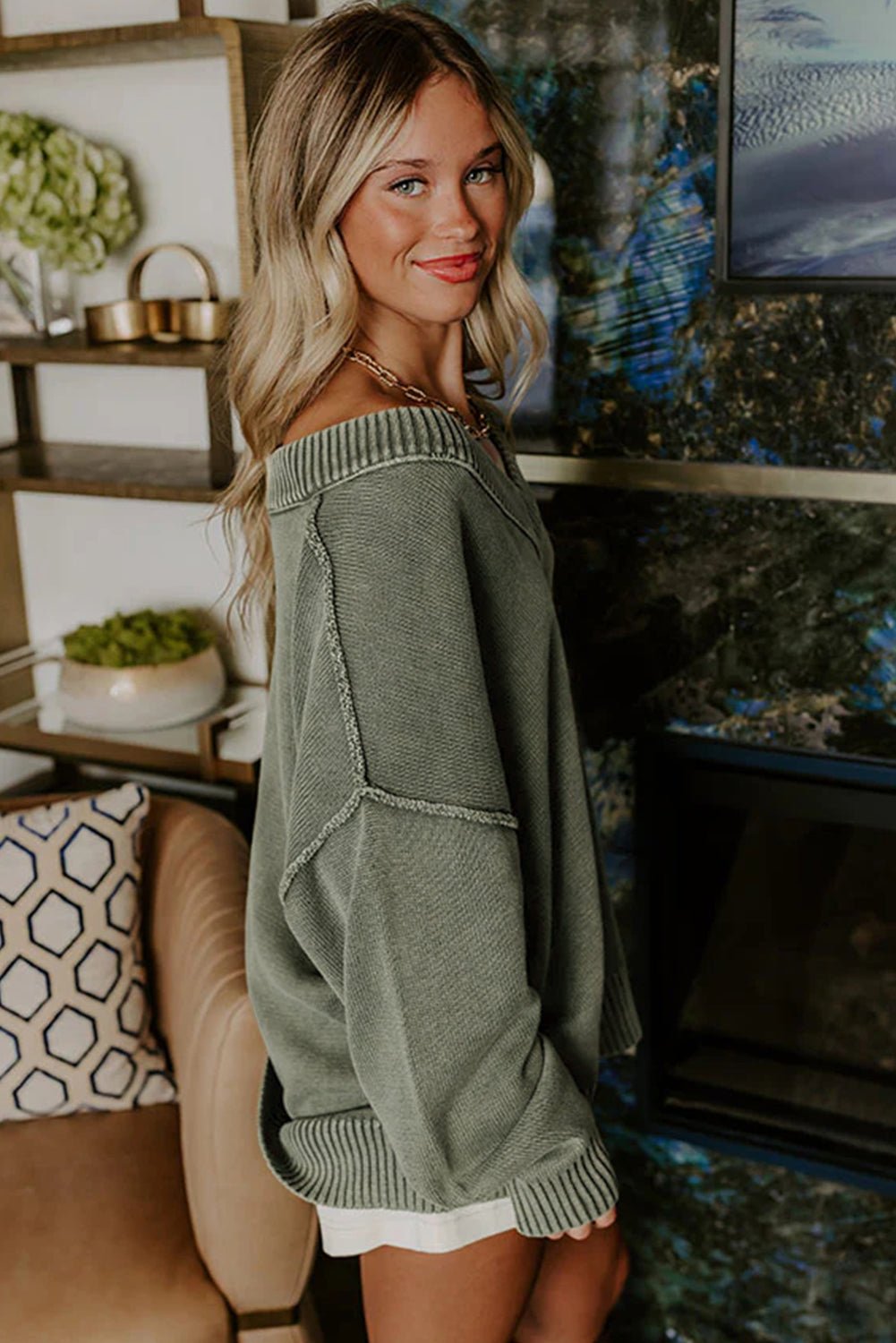 Black Mineral Wash V Neck Knit Exposed Seam Drop Shoulder Loose Sweater