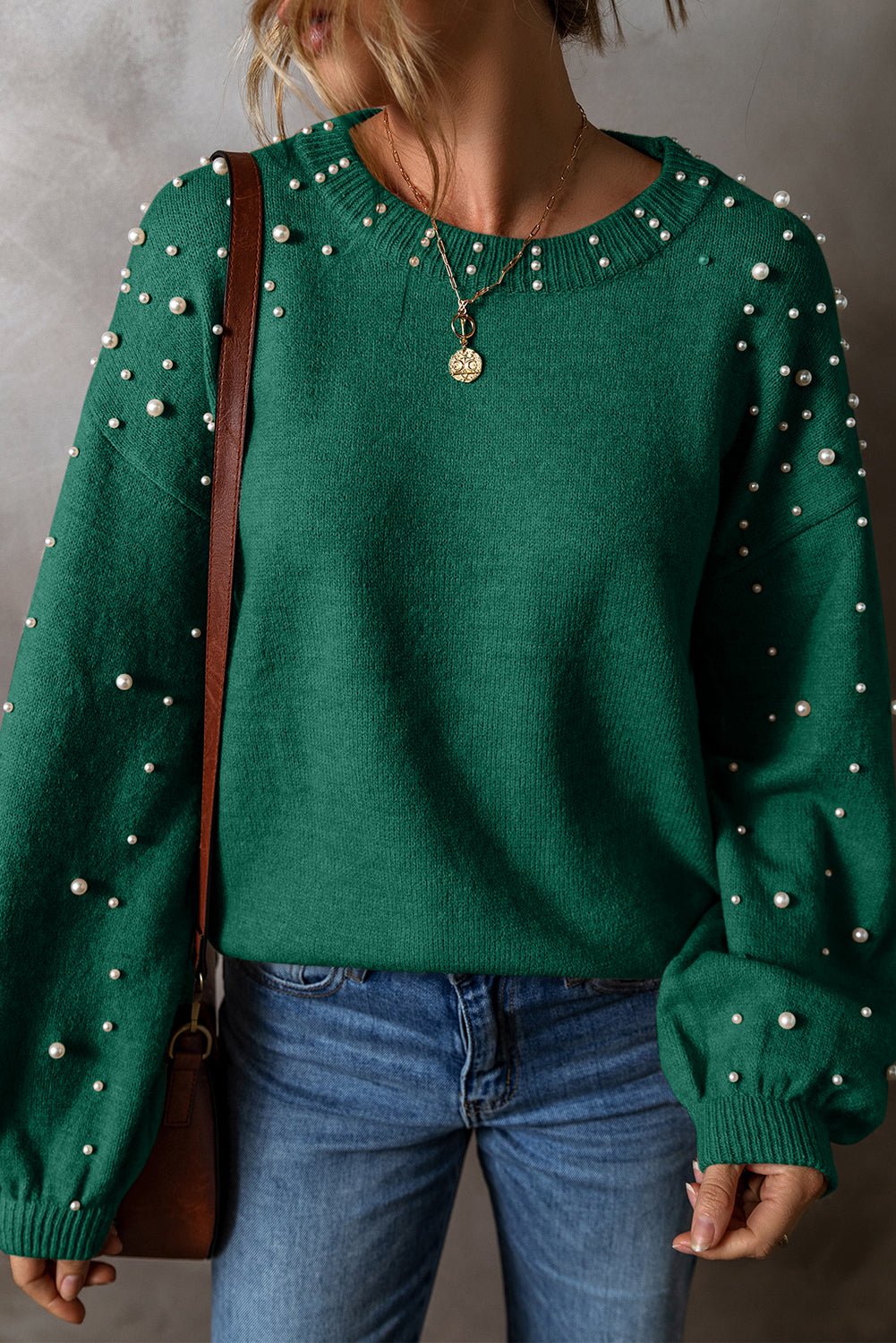 Black Pearl Drop Shoulder Round Neck Sweater