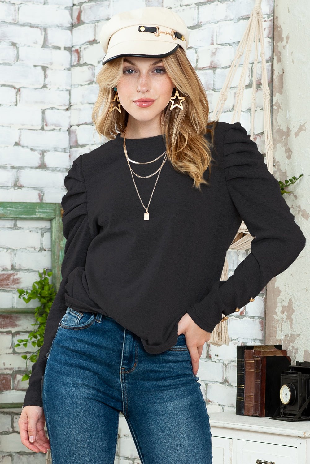 Black Plain Buttoned Puff Long Sleeve Sheath Top