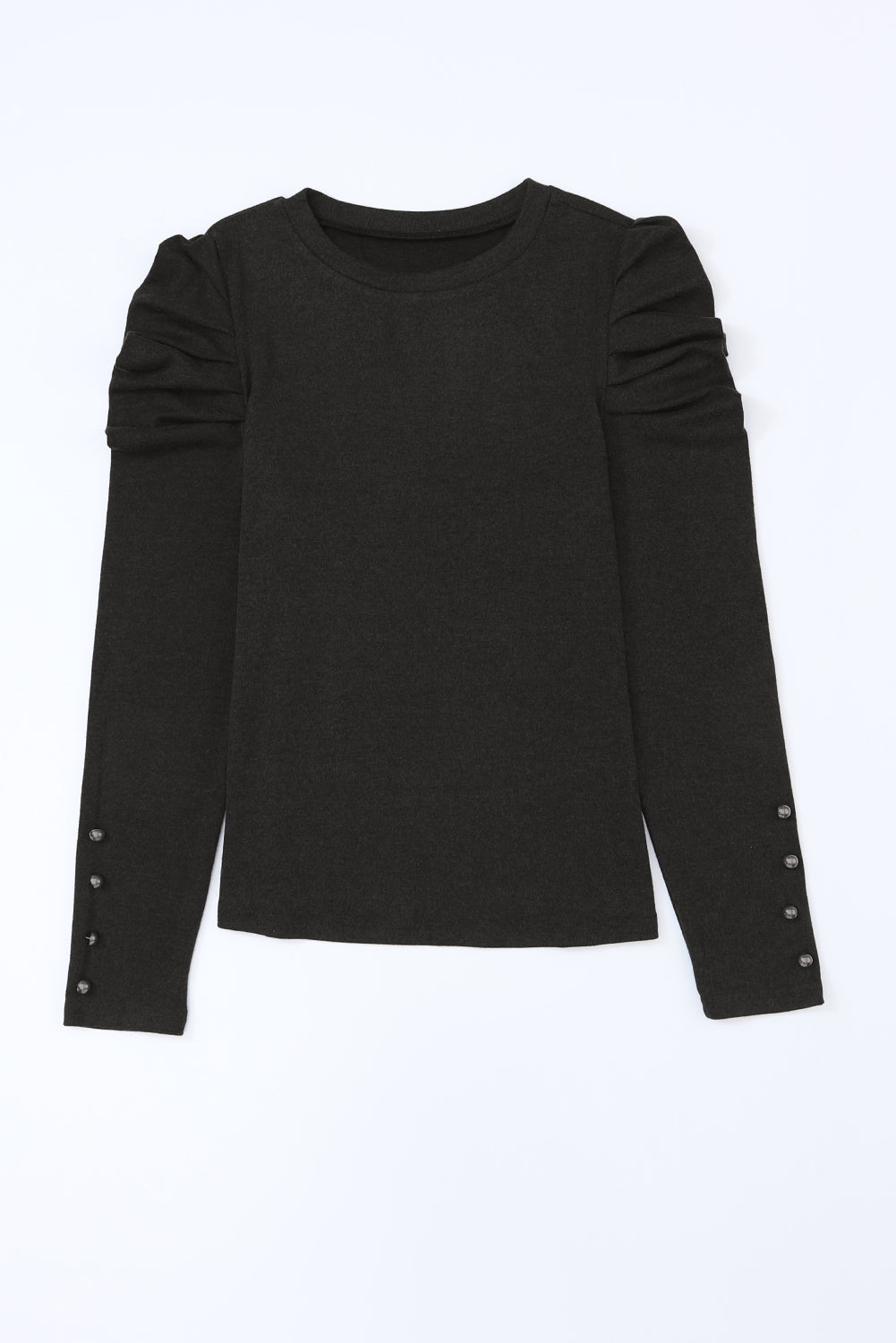 Black Plain Buttoned Puff Long Sleeve Sheath Top