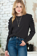 Black Plain Buttoned Puff Long Sleeve Sheath Top