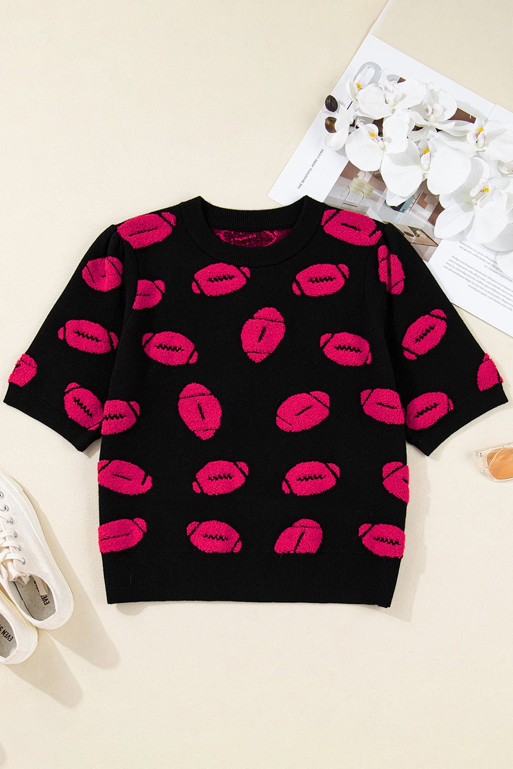 Black Rugby Print Casual Knit Short Sleeve Sweater