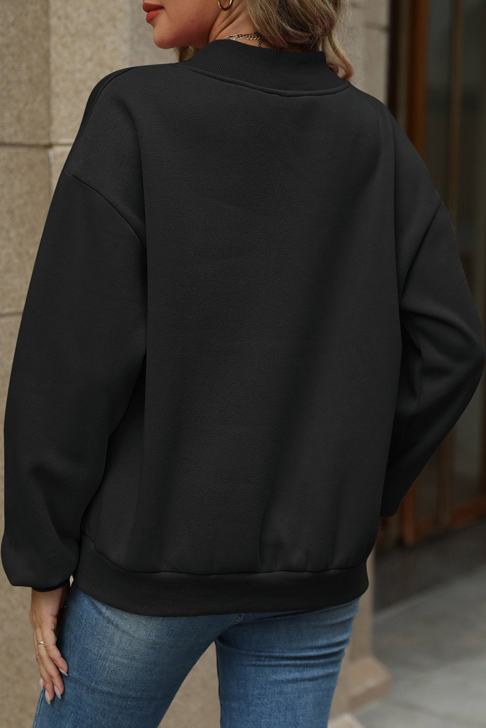 Black Solid Colour V-Neck Loose Fit Sweatshirt