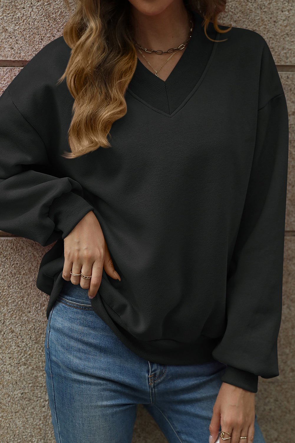Black Solid Colour V-Neck Loose Fit Sweatshirt