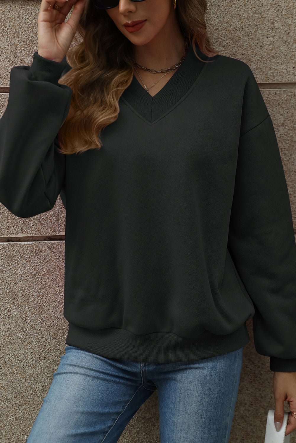 Black Solid Colour V-Neck Loose Fit Sweatshirt