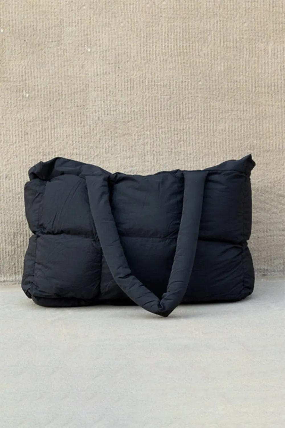 Black Solid Quilted Puffy Zipped Large Tote Bag