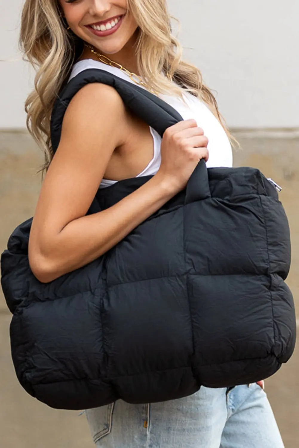 Black Solid Quilted Puffy Zipped Large Tote Bag