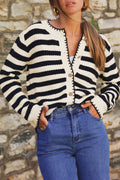 Black Striped Chic Button Round Neck Knit Cardigan