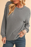 Black Striped Round Neck Drop Shoulder Long Sleeve Top
