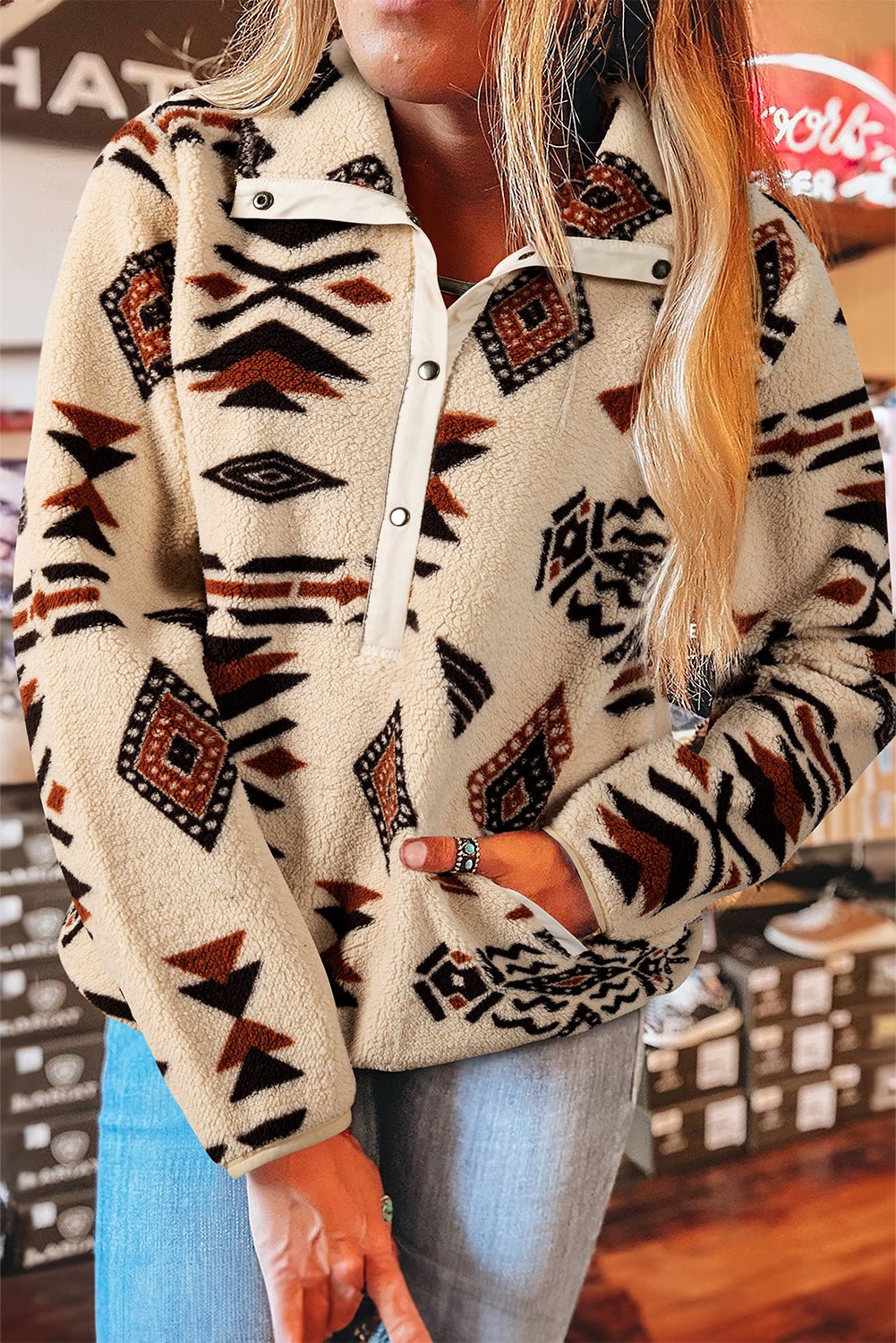 Black Vintage Geometric Half Zip Plush Sweatshirt