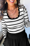 Black White Scalloped Edge Neck Striped Long Sleeve Sweater