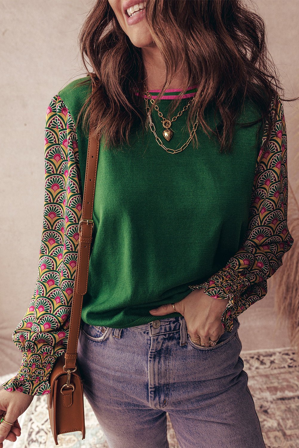 Blackish Green Floral Patchwork Shirred Cuff Puff Sleeve Sweater
