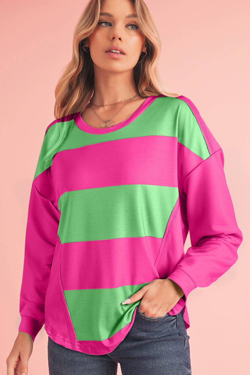Blue Green Colorblock Drop Sleeve Round Neck Top