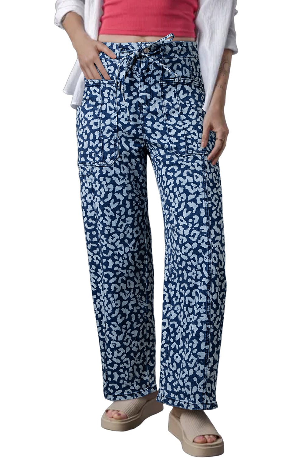 Blue Leopard Print Drawstring Waist Pocketed Wide Leg Jeans