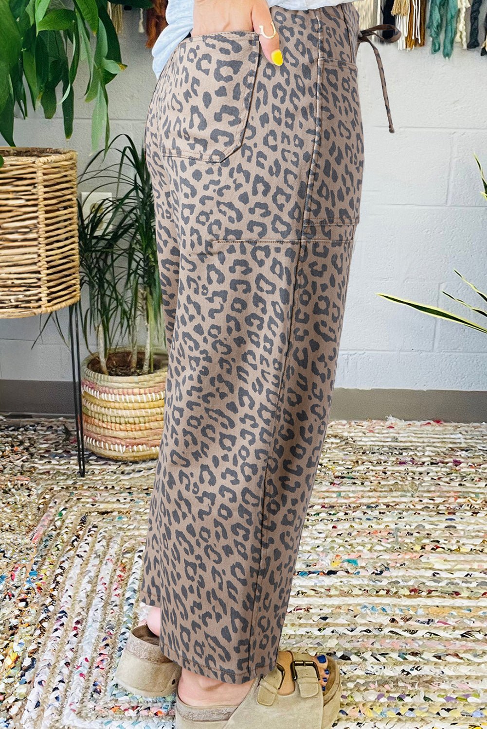 Blue Leopard Print Drawstring Waist Pocketed Wide Leg Jeans