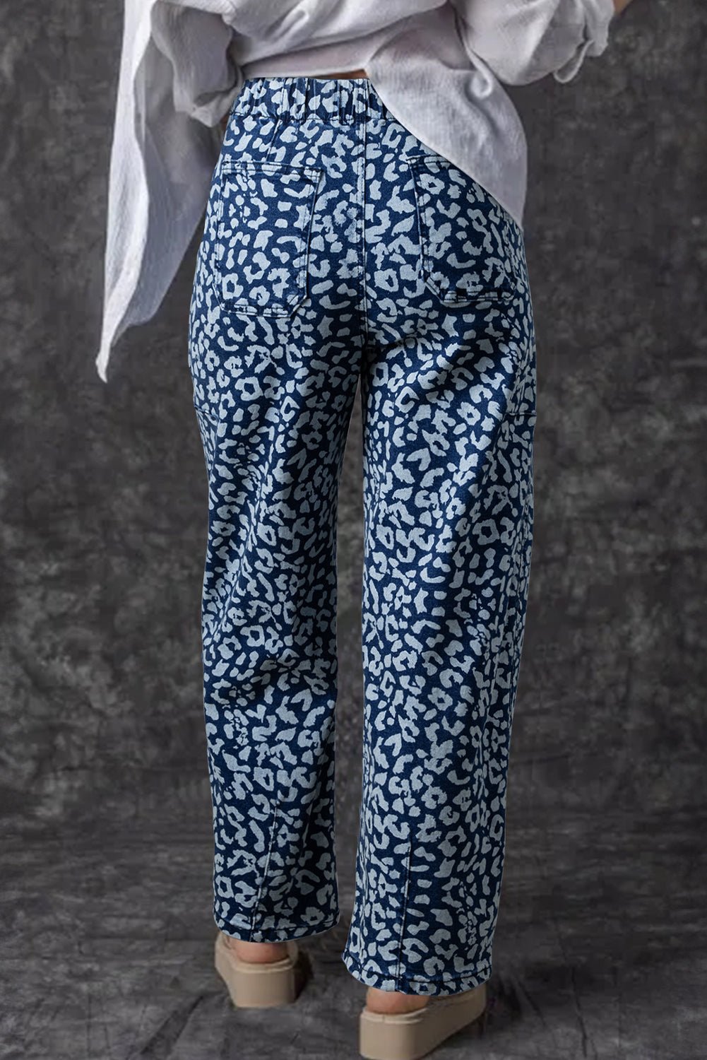 Blue Leopard Print Drawstring Waist Pocketed Wide Leg Jeans