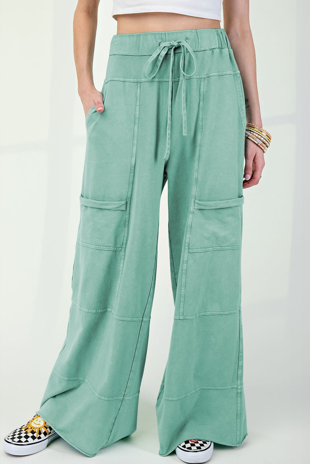 Mineral Wash Exposed Seam Wide Leg Cargo Pants